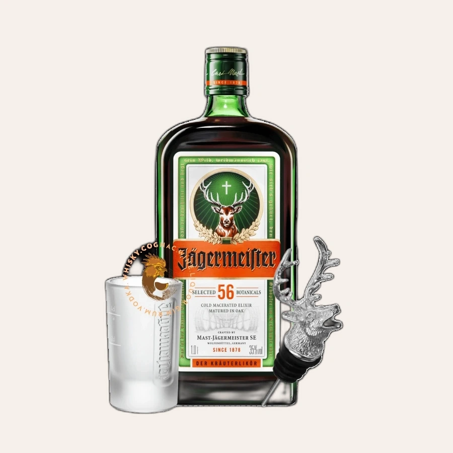 Rượu Liqueur Đức Jagermeister Combo 1 Chai 1000ml & 1 Ly Cao Cấp & 1 Vòi Rót Chính Hãng