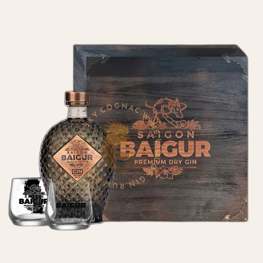 Rượu Gin Việt Nam Saigon Baigur Premium Dry Gin Phiên Bản Hộp Gỗ Kèm 2 Ly Rock
