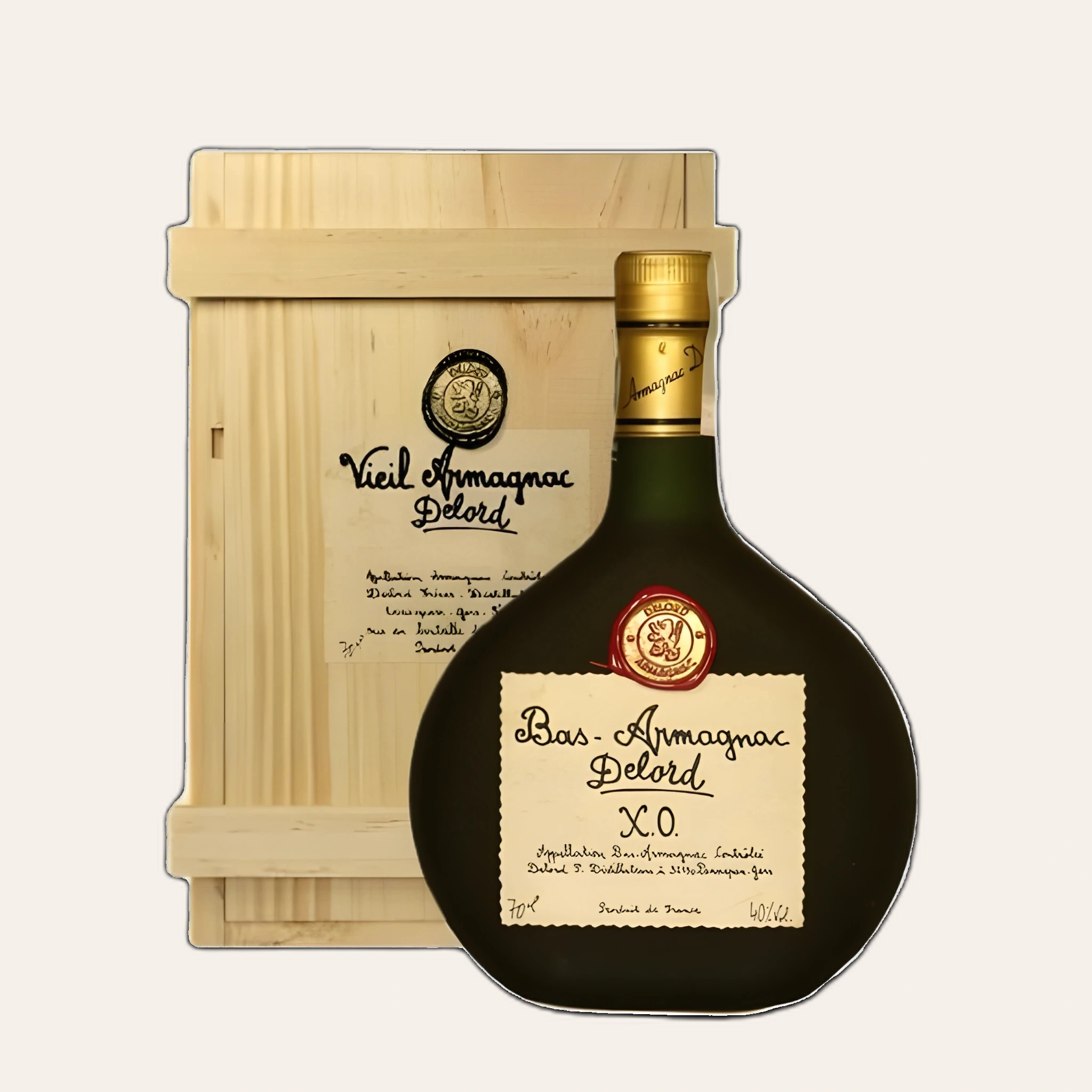 Rượu Brandy Pháp Armagnac Delord XO Bottle Basquaise with Wooden Box