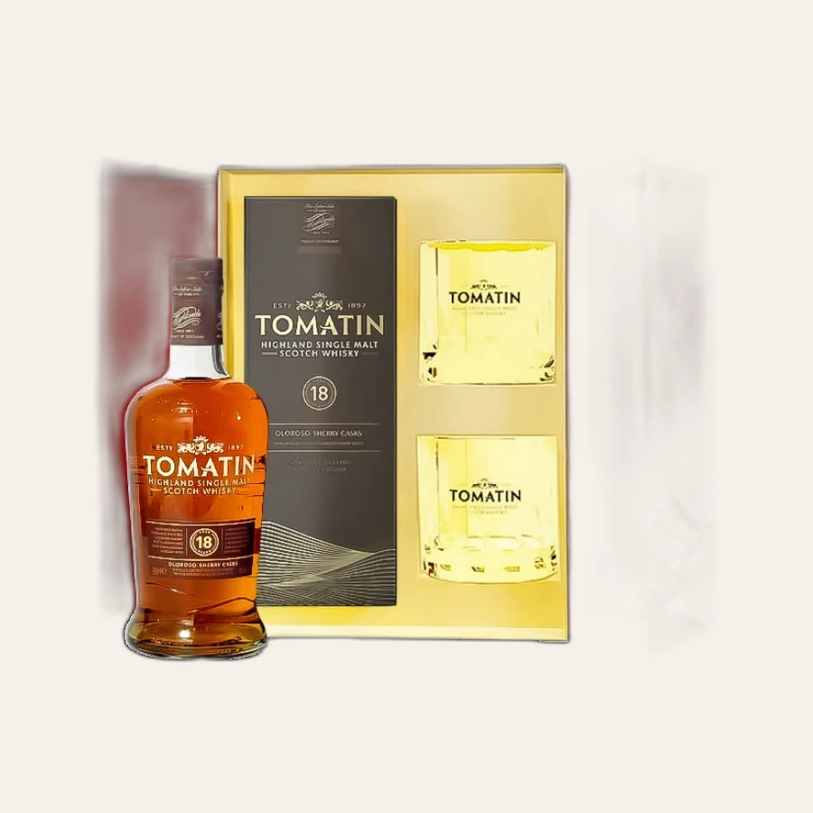 Rượu Whisky Tomatin 18 Year Old Phiên Bản Hộp Quà Kèm 2 Ly Cao Cấp