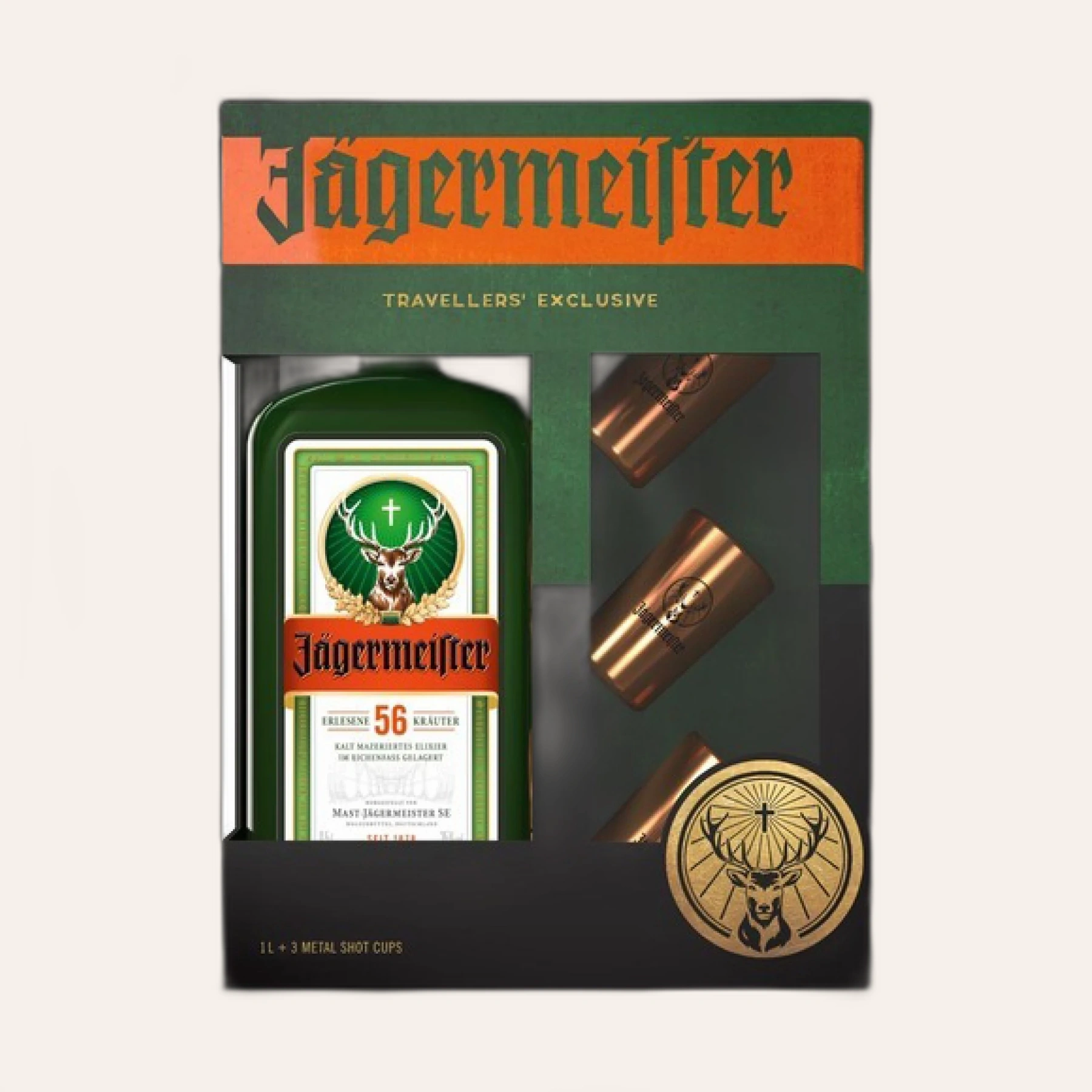 Rượu Liqueur Đức Jagermeister Hộp Quà 1000ml + 3 Ly Kim Loại 2024