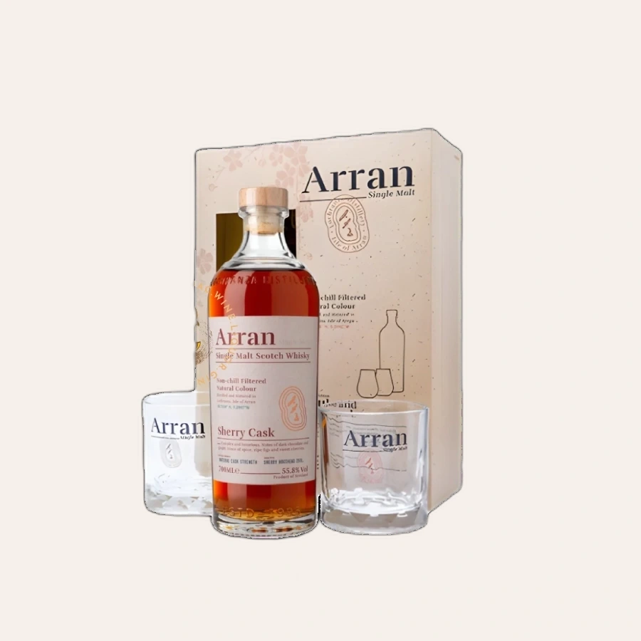 Rượu Whisky Arran Bodega Sherry Cask Kèm 2 Ly Cao Cấp Phiên Bản Hộp Quà 2025