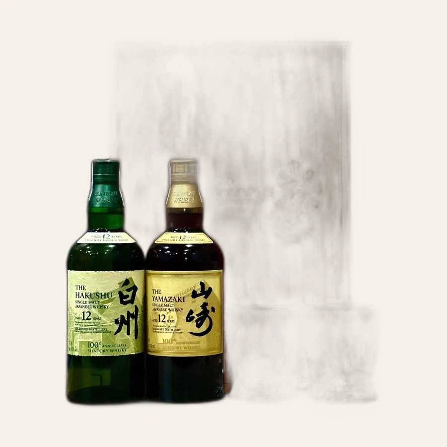 Set 2 Chai Hakushu Và Yamazaki 12 Year Old 100th Kèm 2 Ly Riedel Fire Cao Cấp Hộp Gỗ